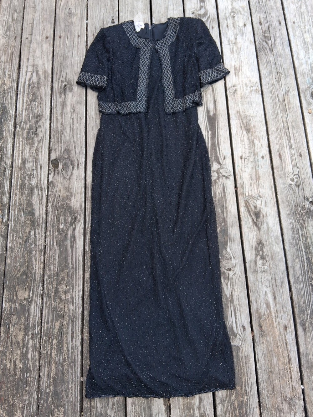 Vintage Lawrence Kazar New York Black Beaded Silk Maxi Dress Attached Bolero XL